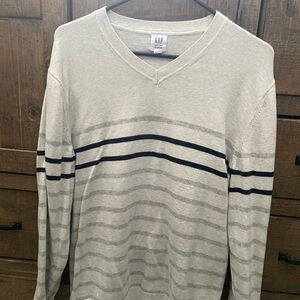 GAP V-Neck Sweater in Gray with Black Stripes